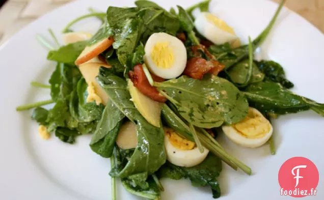 Dîner ce soir: Salade de Pommes, Roquette et Pancetta aux Œufs de Caille