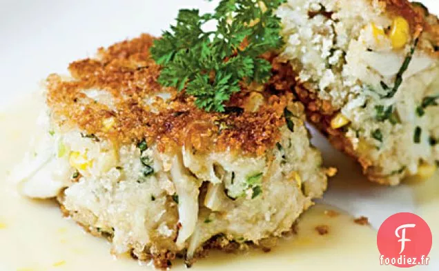 Gâteaux de Crabe au Maïs Sucré, aux Poireaux et au Basilic