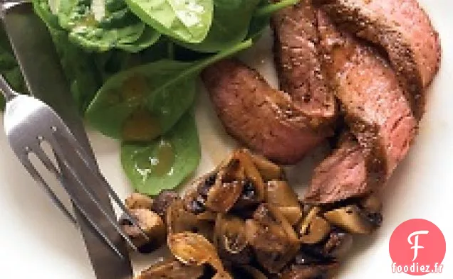 Steak Poêlé Aux Champignons Rôtis Et Salade D'Épinards