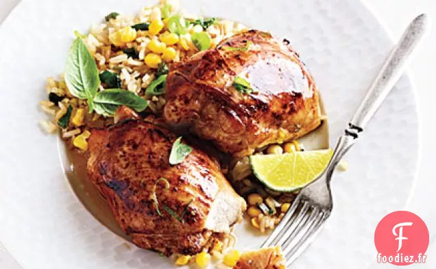 Poulet Mariné Asiatique avec Riz Frit au Maïs et au Basilic