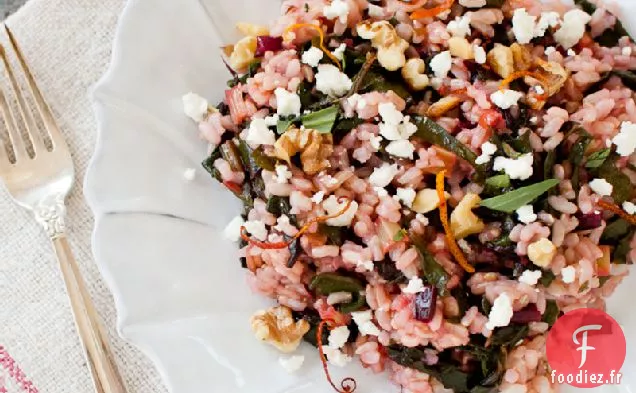 Salade De Riz Tiède Avec Bettes À Carde, Feta, Noix Et Orange Sanguine
