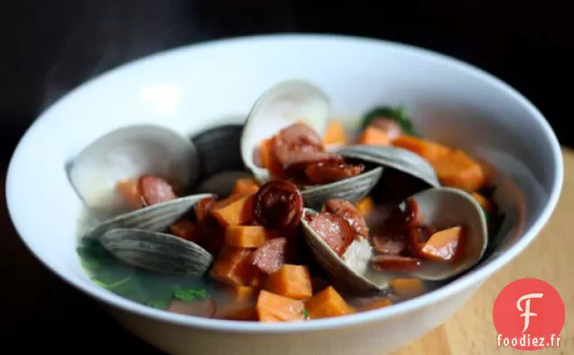 Dîner Ce soir: Palourdes avec Saucisse Fumée à la Patate Douce et Cresson