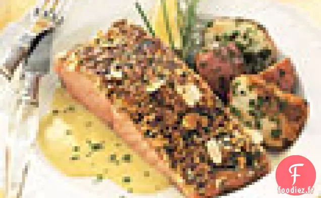 Saumon en Croûte d'Amandes, Crème de Poireaux et Citron