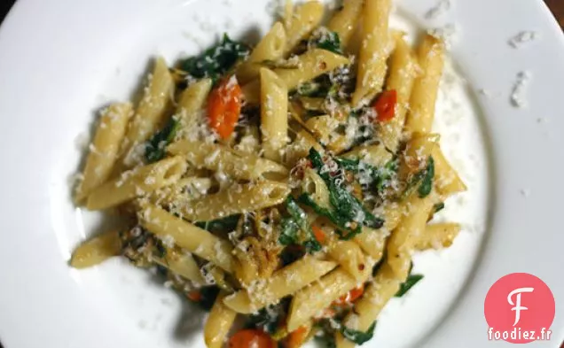 Penne aux Courgettes Frites, Or du Soleil et Roquette