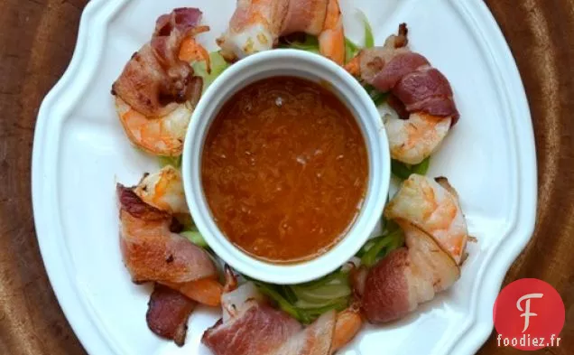Cocktail de Crevettes Enrobées de Bacon avec Trempette au Raifort aux Abricots