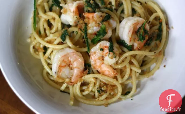 Bucatini aux Crevettes Épicées, Roquette et Chapelure