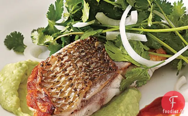 Bar Rayé avec Salade de Coriandre et d'Oignons