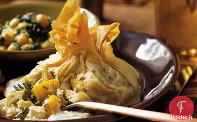 Sacs à main Phyllo avec Courge Rôtie, Poivrons et Artichauts