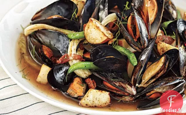 Moules Cuites à la vapeur avec du Bacon, de la bière et du Fenouil