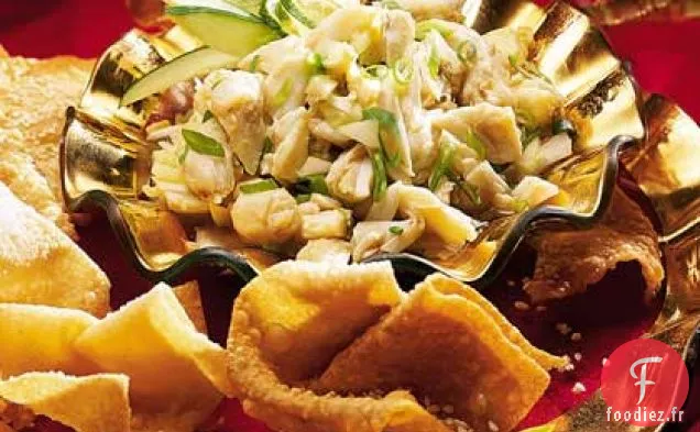 Salsa Épicée au Crabe et au Gingembre avec Wontons au Sésame