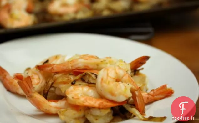 Mangez pour huit Dollars: Crevettes au Citron avec Oignons Rôtis à la Moutarde et aux Herbes
