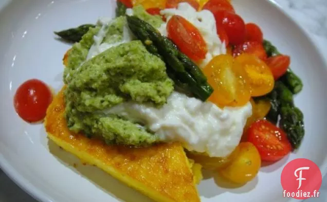 Préparez le livre: Steaks de Polenta au Pesto d'Asperges, Tomates Cerises et Burrata
