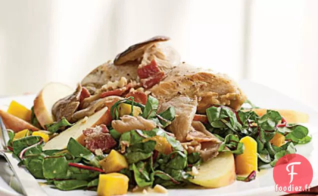 Salade de Poulet Rôti à la Poêle, de Courge et de Bettes à Carde avec Vinaigrette au Bacon