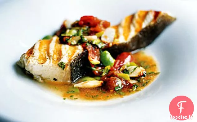 Flétan Grillé aux Haricots de Lima et Sauce Tomate Rôtie