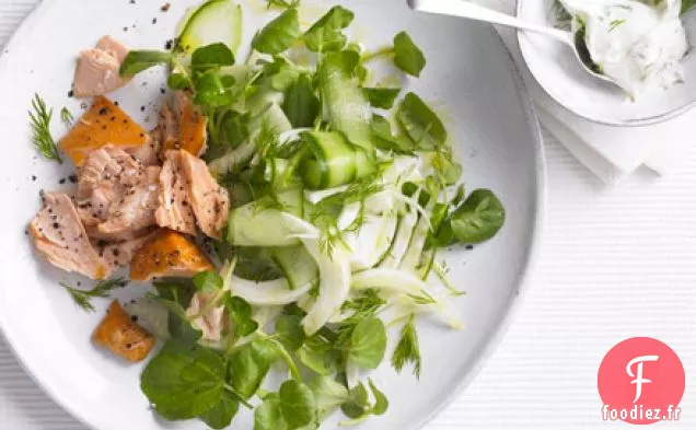 Saumon fumé chaud avec salade de fenouil et mayo au citron