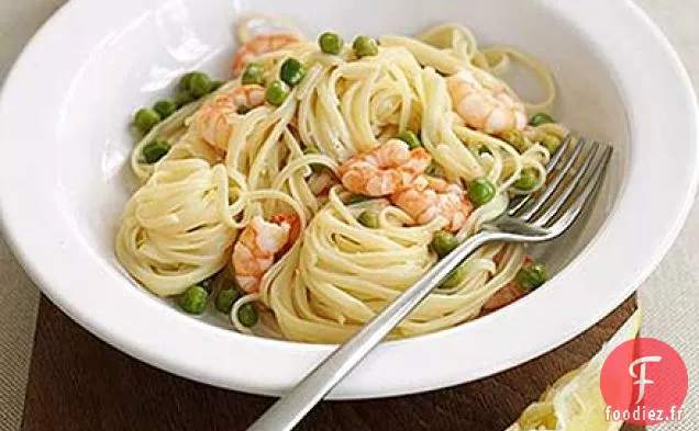 Linguine aux pois, crevettes et citron