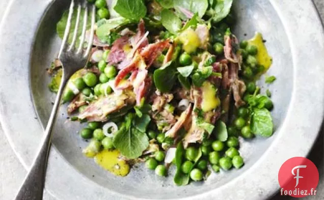 Salade de pois, jarret de jambon et cresson