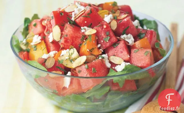 Salade Tomate-pastèque Avec Feta Et Amandes Grillées
