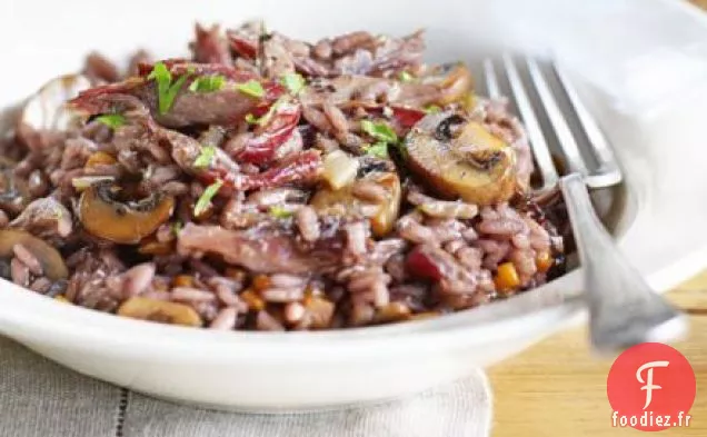 Risotto au vin rouge au canard et champignons à l'ail