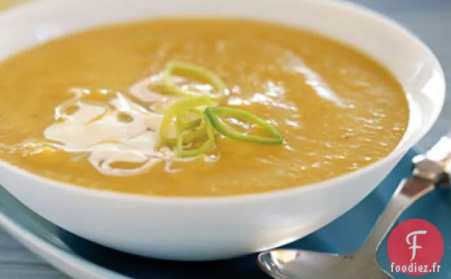 Soupe Glacée de Courge Jaune et Poireaux à la Coriandre et Crème Fraîche au Citron