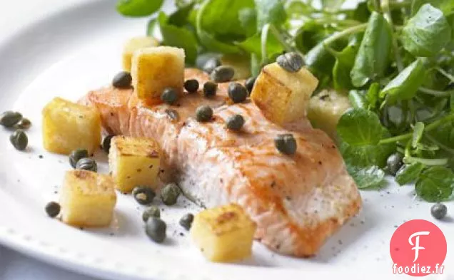 Saumon poêlé au cresson, croûtons de polenta et câpres