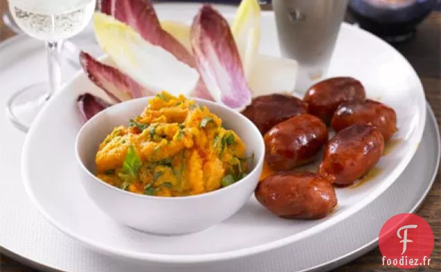 Trempette de patates douces au chorizo et à la chicorée
