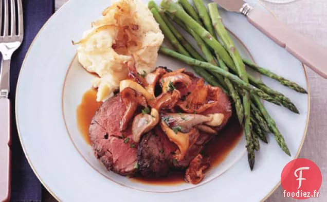 Rôti de Bœuf Sauce aux Champignons Sauvages et Purée d'Échalotes Caramélisées
