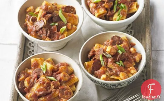 Rigatoni aux crevettes épicées, tomates et chorizo