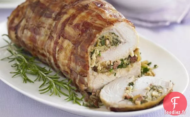Poitrine de dinde enveloppée de pancetta avec farce au citron herby et aux noix de pin