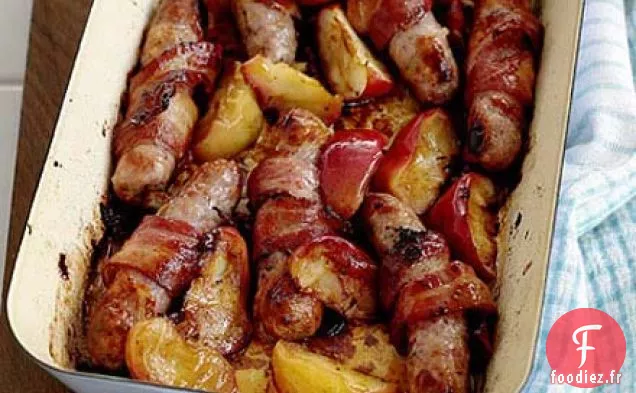 Pomme collante, saucisse et bacon