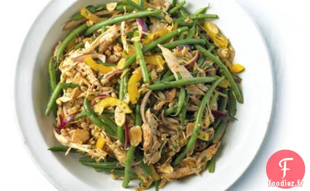 Salade de poulet râpé, haricots verts et orge au paprika et citron