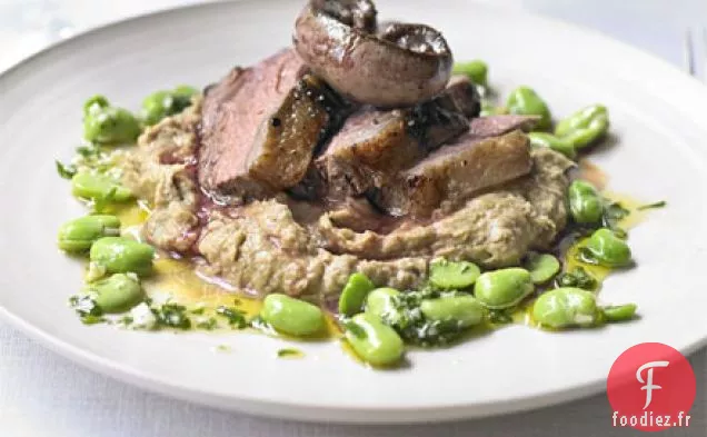 Croupe d'agneau, rognons, purée d'échalote et fèves