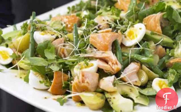Plateau de salade de saumon fumé à chaud, double cresson et pommes de terre