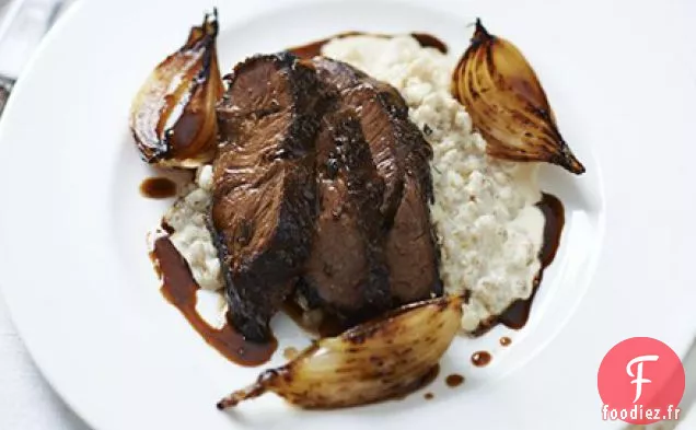 Joue de bœuf braisée à la bière, risotto à l'orge perlé, oignons maltés et sauce ale