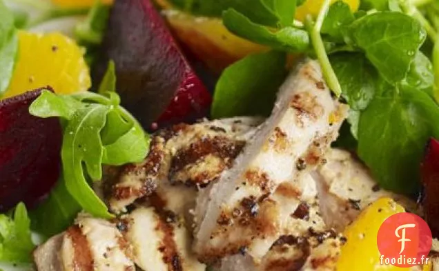 Salade de poulet rôti à la moutarde, betterave et orange