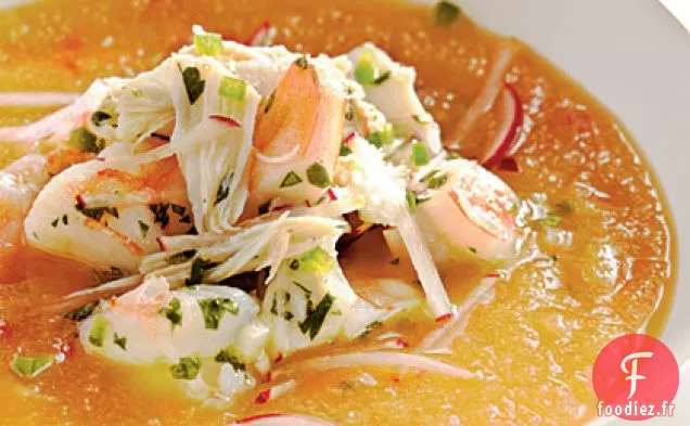 Soupe de Pêche Dorée aux Crevettes et Seviche de Crabe