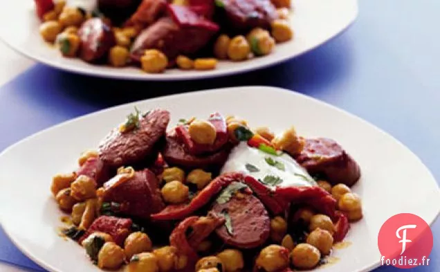 Salade chaude de pois chiches, chorizo et poivre