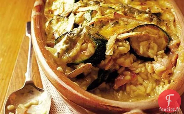 Gratin de courgettes, bacon et brie