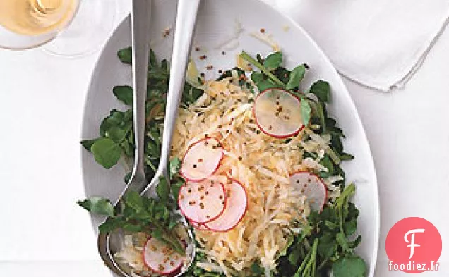 Salade de Céleri-Rave, Radis et Cresson avec Vinaigrette aux Graines de Moutarde