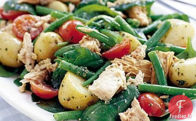 Salade tiède de pommes de terre et de thon avec vinaigrette au pesto