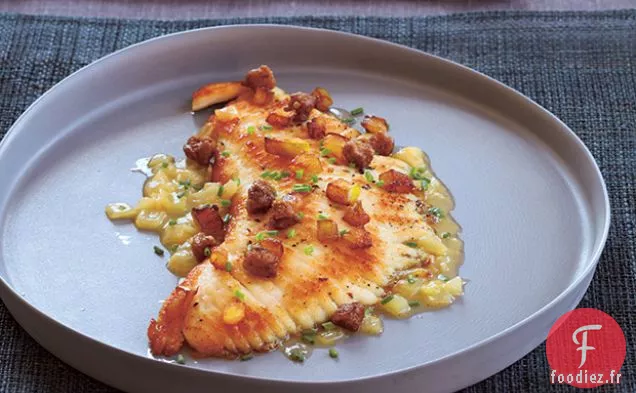 Filet de Raie Sauté aux Pommes Caramélisées et Foie de Poulet