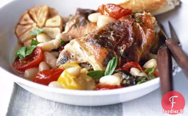 Poulet italien au jambon, basilic et haricots