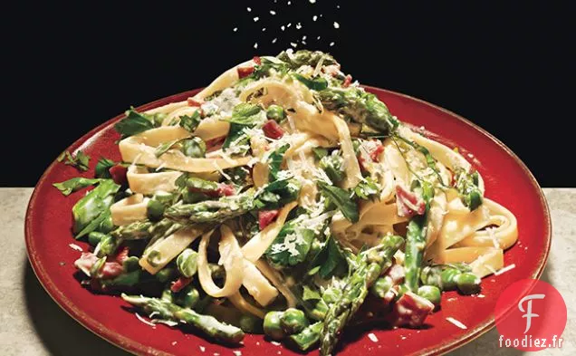 Fettucine aux Petits Pois, Asperges et Pancetta