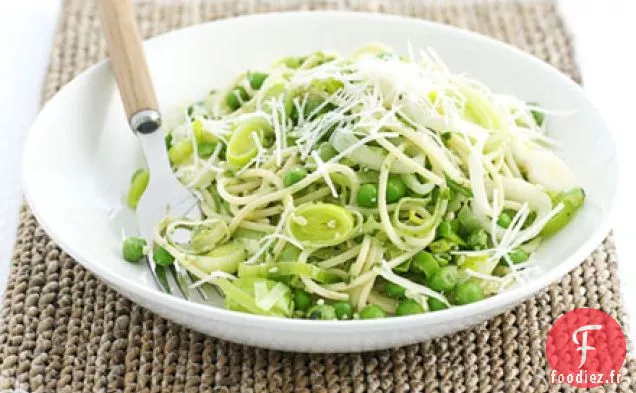 Spaghetti aux poireaux, petits pois et pesto