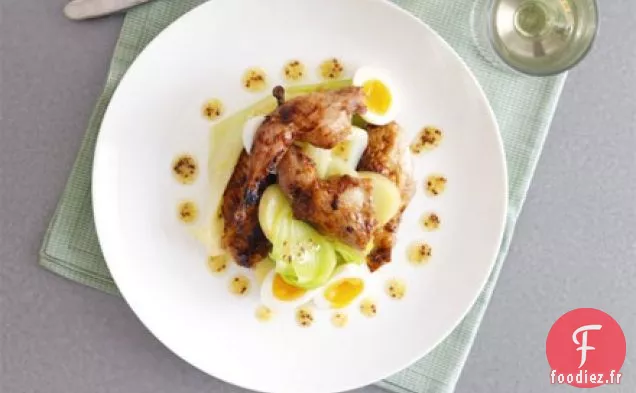 Caille rôtie, vinaigrette aux poireaux emmêlés et pommes de terre