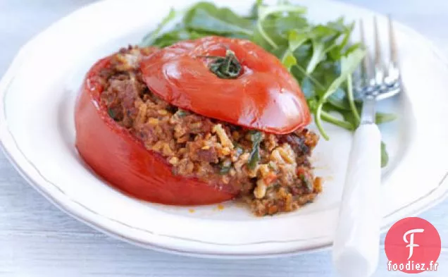 Tomates farcies au hachis d'agneau, aneth et riz