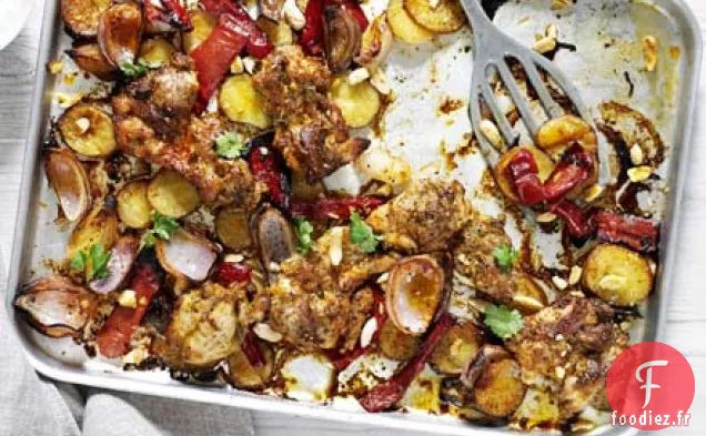 Traybake au poulet, poivron rouge et amandes