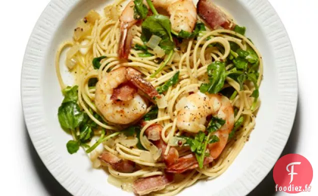 Spaghettis de Blé entier au Bacon, Crevettes et Cresson