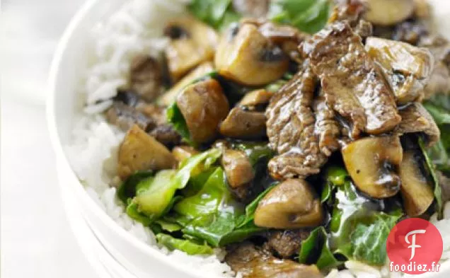 Sauté de bœuf, champignons et légumes verts