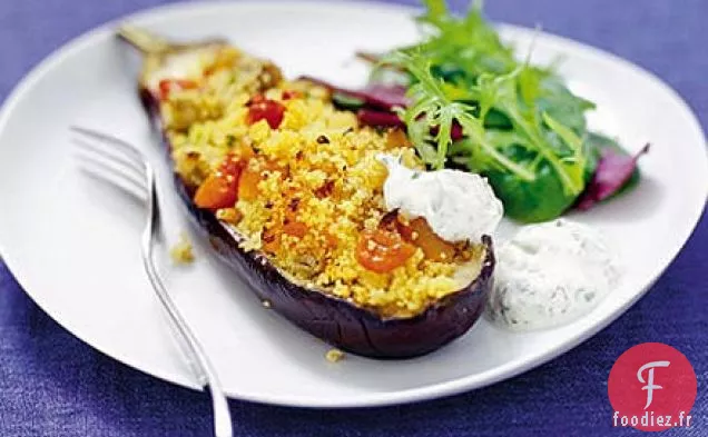 Aubergines cuites au four avec vinaigrette au yogourt à la coriandre